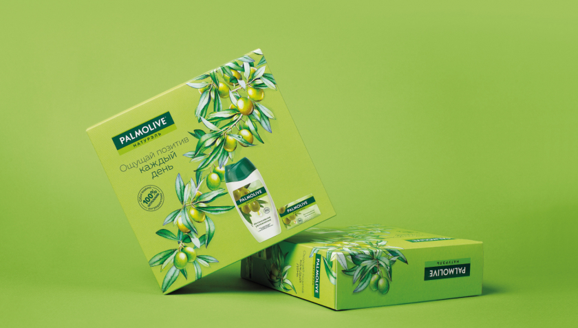 Palmolive 洗護沐浴露禮品套裝禮盒包裝設計,對角線植物圖案 Palmolive 洗護沐浴露禮品套裝禮盒包裝設計,對角線植物圖案