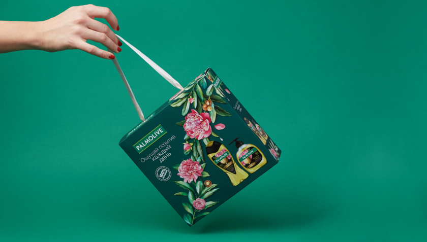 Palmolive 洗護沐浴露禮品套裝禮盒包裝設計,對角線植物圖案 Palmolive 洗護沐浴露禮品套裝禮盒包裝設計,對角線植物圖案