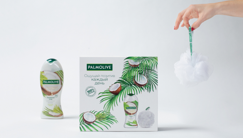 Palmolive 洗護沐浴露禮品套裝禮盒包裝設計,對角線植物圖案 Palmolive 洗護沐浴露禮品套裝禮盒包裝設計,對角線植物圖案