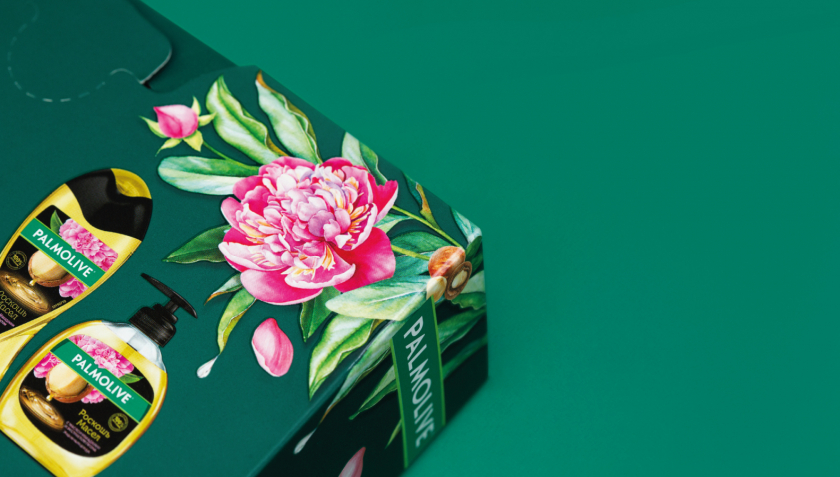 Palmolive 洗護沐浴露禮品套裝禮盒包裝設計,對角線植物圖案 Palmolive 洗護沐浴露禮品套裝禮盒包裝設計,對角線植物圖案