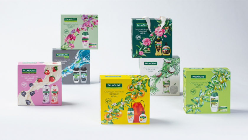 Palmolive 洗護沐浴露禮品套裝禮盒包裝設計,對角線植物圖案 Palmolive 洗護沐浴露禮品套裝禮盒包裝設計,對角線植物圖案