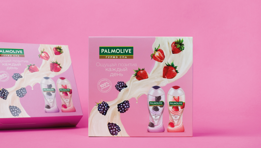 Palmolive 洗護沐浴露禮品套裝禮盒包裝設計,對角線植物圖案 Palmolive 洗護沐浴露禮品套裝禮盒包裝設計,對角線植物圖案