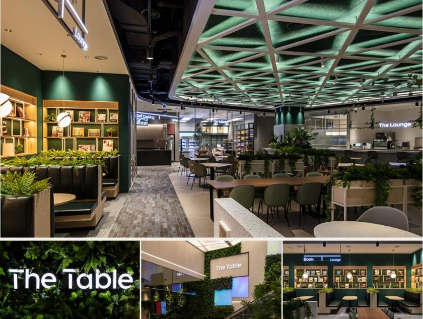 The Table 電信品牌vi視覺識別設計空間設計，與桌子結合的長長的T型水平線元