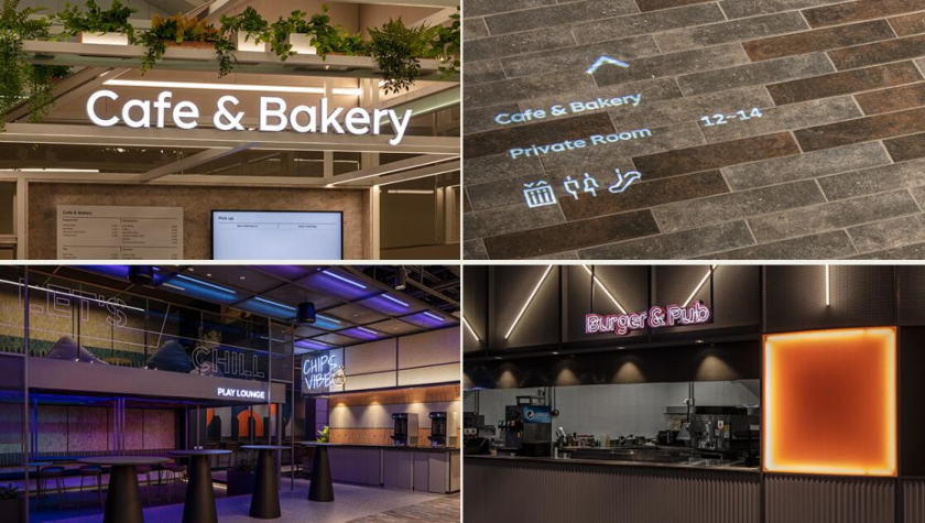 The Table 電信品牌vi視覺識別設計空間設計及導視，與桌子結合的長長的T型水平線元素