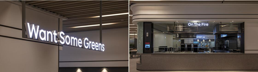 The Table 電信品牌vi視覺識別設計空間設計及導視，與桌子結合的長長的T型水平線元素