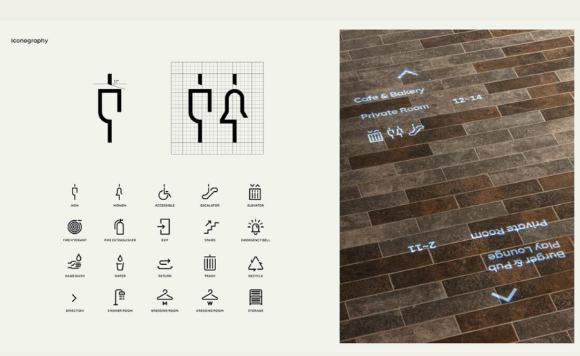 The Table 電信品牌vi視覺識別設計空間設計及導視，與桌子結合的長長的T型水平線元素