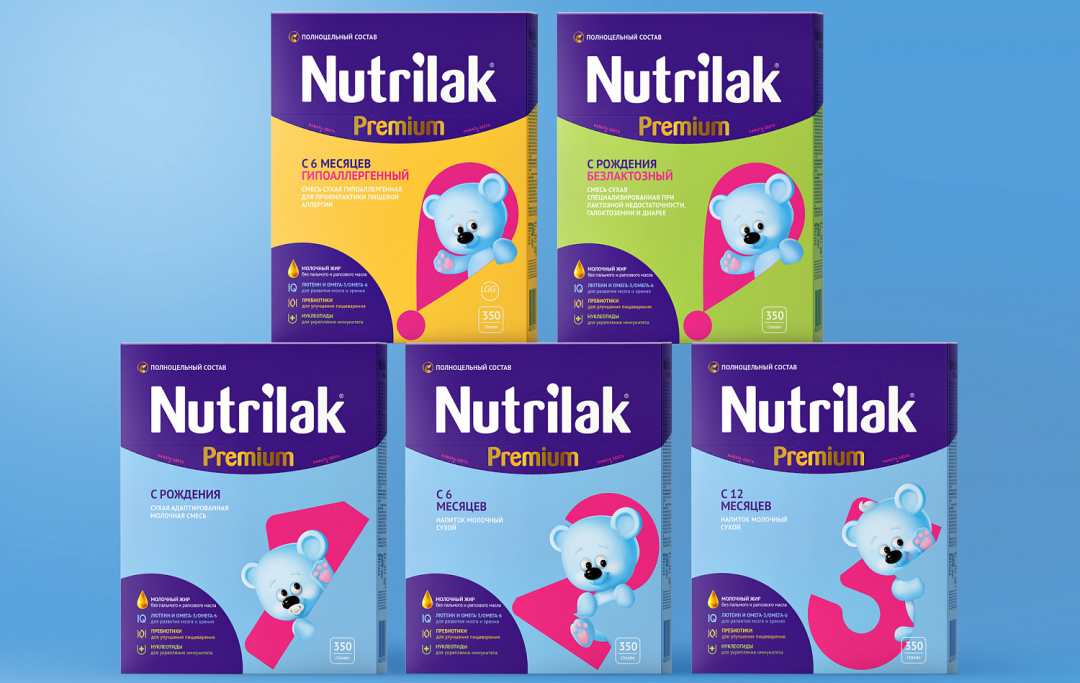 Nutrilak 品牌嬰兒配方奶粉包裝設計，品牌特征小熊與奶粉階段數字結合