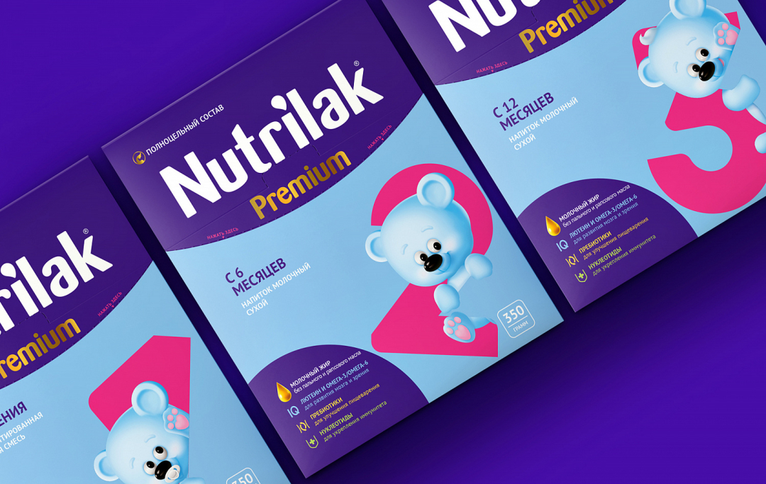 Nutrilak 品牌嬰兒配方奶粉包裝設計，品牌特征小熊與奶粉階段數字結合