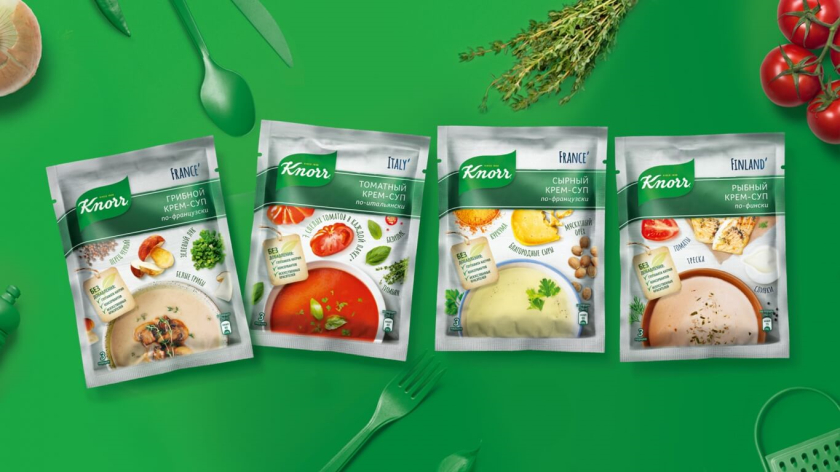 家樂袋裝濃湯寶包裝設計“奶油”系列，逼真新鮮食材風格