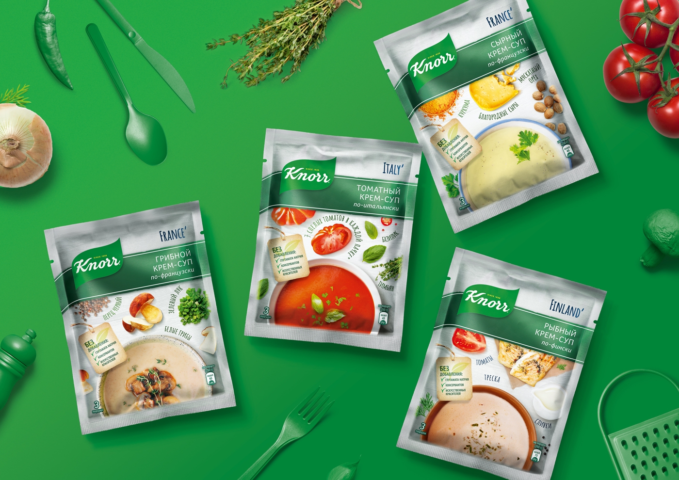 家樂袋裝濃湯寶包裝設計“奶油”系列，逼真新鮮食材風格