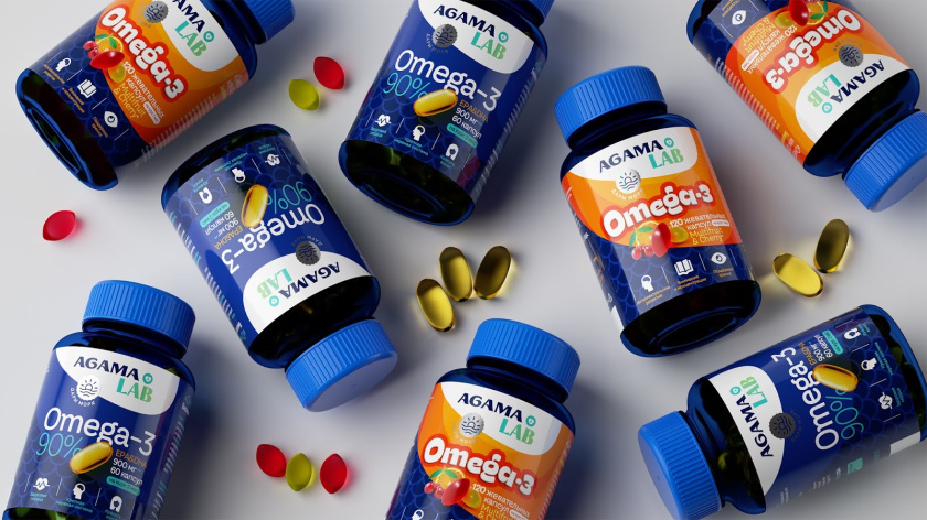 Agama lab魚肝油Omega-3魚油保健品包裝設計，注重信息分類處理