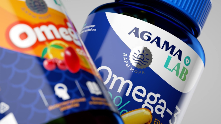 Agama lab魚肝油Omega-3魚油保健品包裝設計，注重信息分類處理