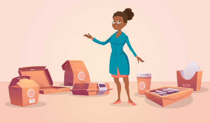 被送餐包裝包圍的女人的插圖