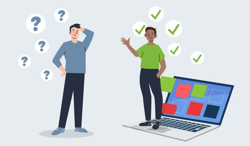 兩個人通過筆記本就logo設計進行線上交流.