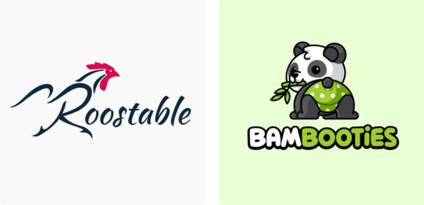 左圖：公雞的簡約形象融入了字母 右圖：熊貓寶寶穿著綠色尿布，從肩膀上看