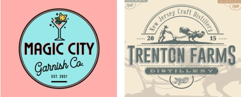 左圖：圓形青色標志顯示馬提尼酒杯 右圖：鄉村酒廠標志顯示一個男人和一只公雞犁地