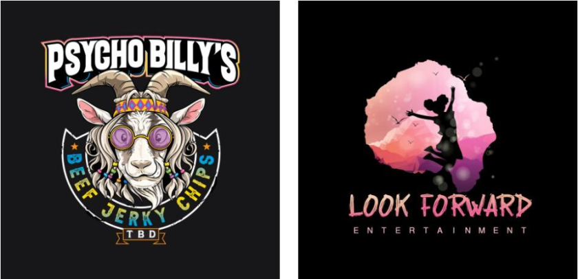 左圖：顯示目標和漸變文本的彩色徽標 右圖：黑色標志，頭形鏤空，顯示粉紅色條紋背景和女孩的輪廓