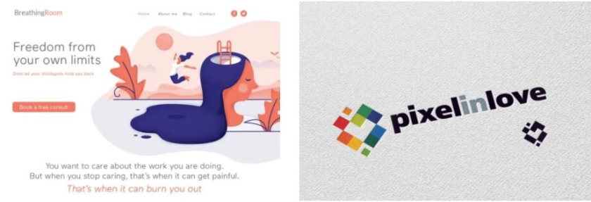 左圖：柔和色調的網頁設計 右圖：由不同顏色的方塊組成的心