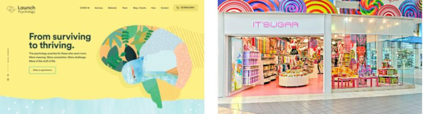 左圖：Realysys 的網頁設計 右圖：五顏六色的糖果店外觀