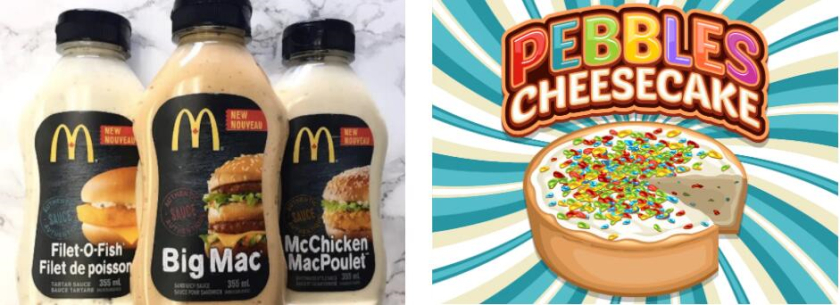 左圖：三瓶麥當勞醬并排 右圖：一瓶電子液體，在條紋背景下顯示蛋糕