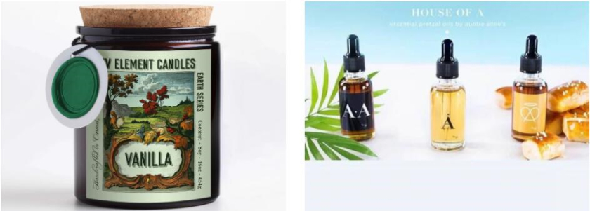 左圖：帶有彩色標簽的蠟燭 右圖：安妮阿姨的精油