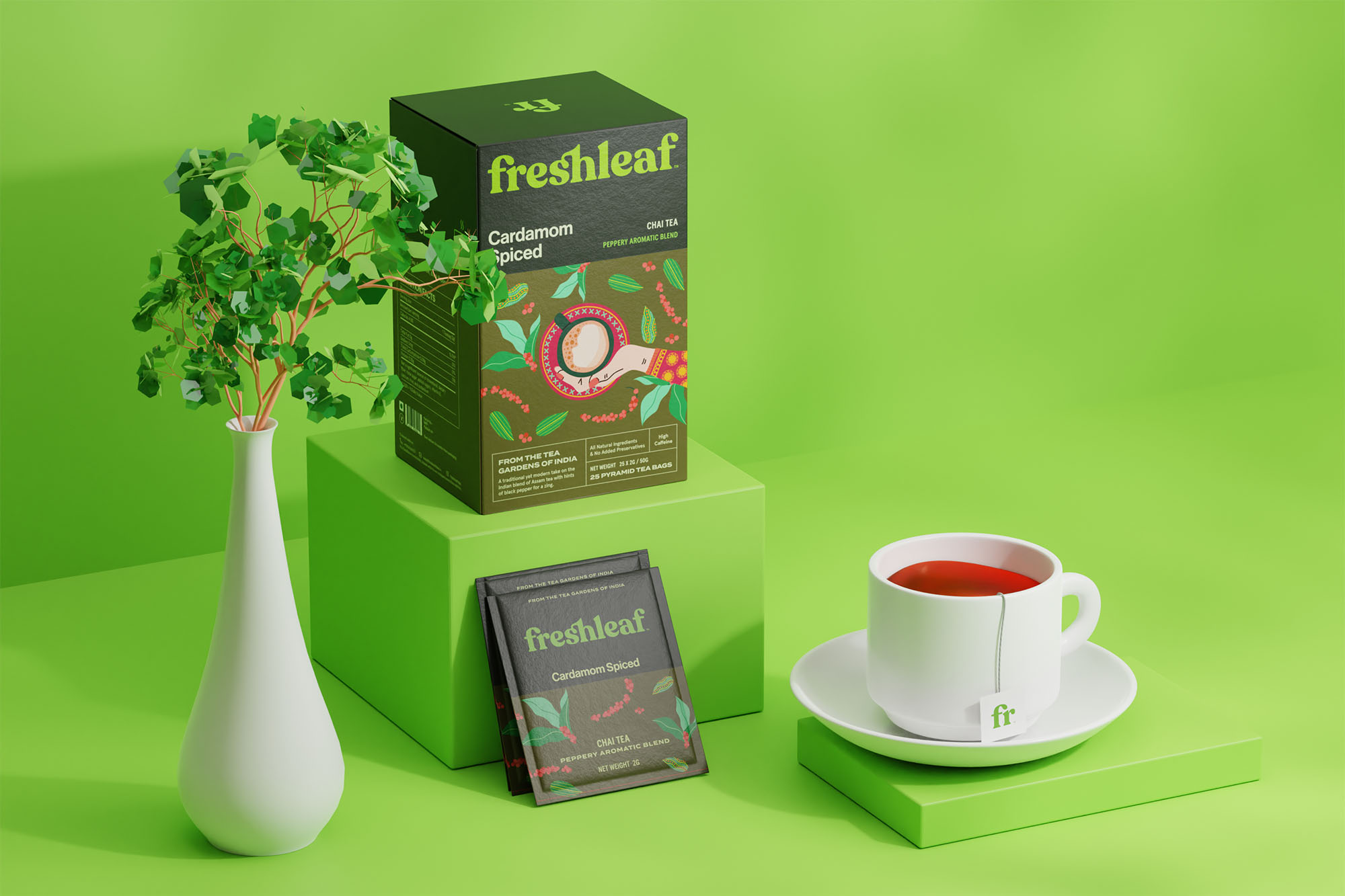Freshleaf袋泡茶葉包裝設計，現代時尚矢量插畫風格