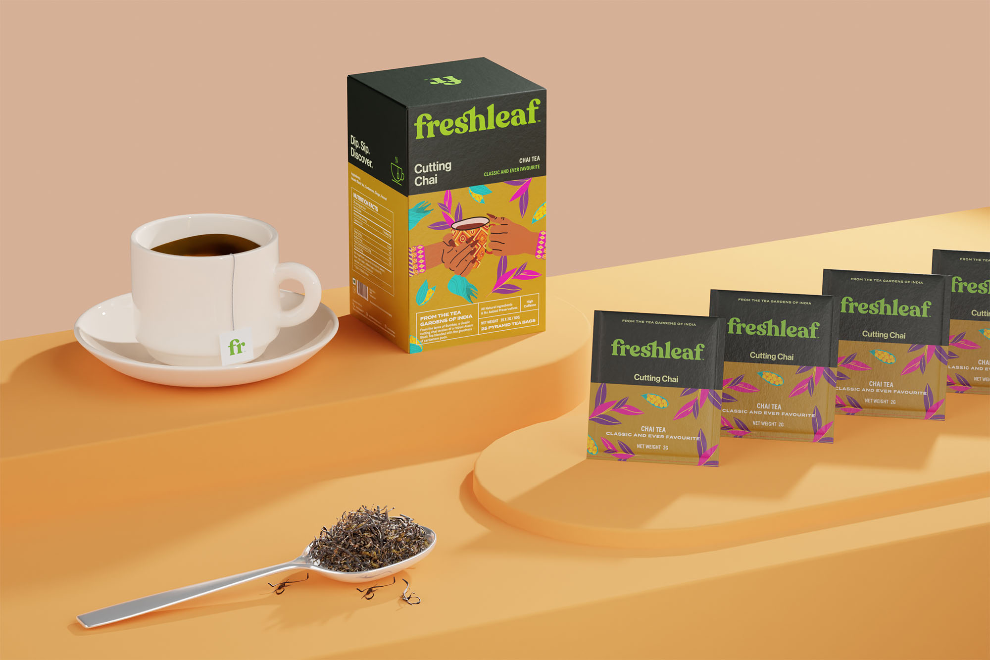 Freshleaf袋泡茶葉包裝設計，現代時尚矢量插畫風格