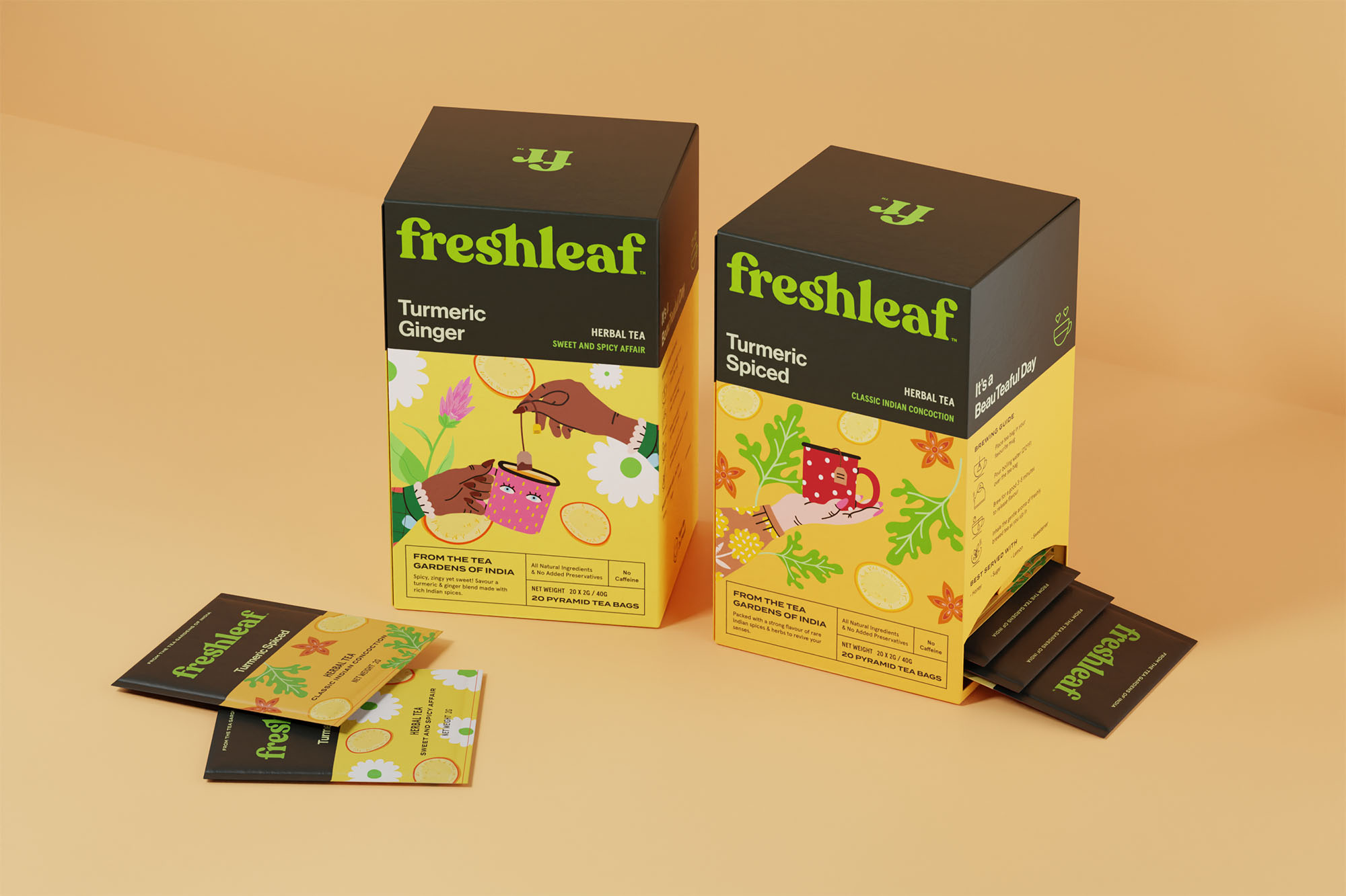 Freshleaf袋泡茶葉包裝設計，現代時尚矢量插畫風格