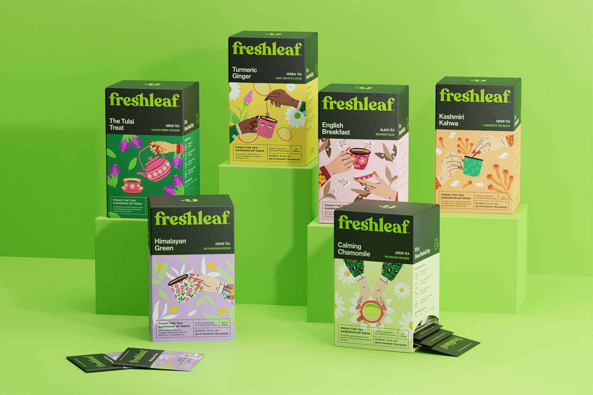 Freshleaf袋泡茶葉包裝設計，現代時尚矢量插畫風格