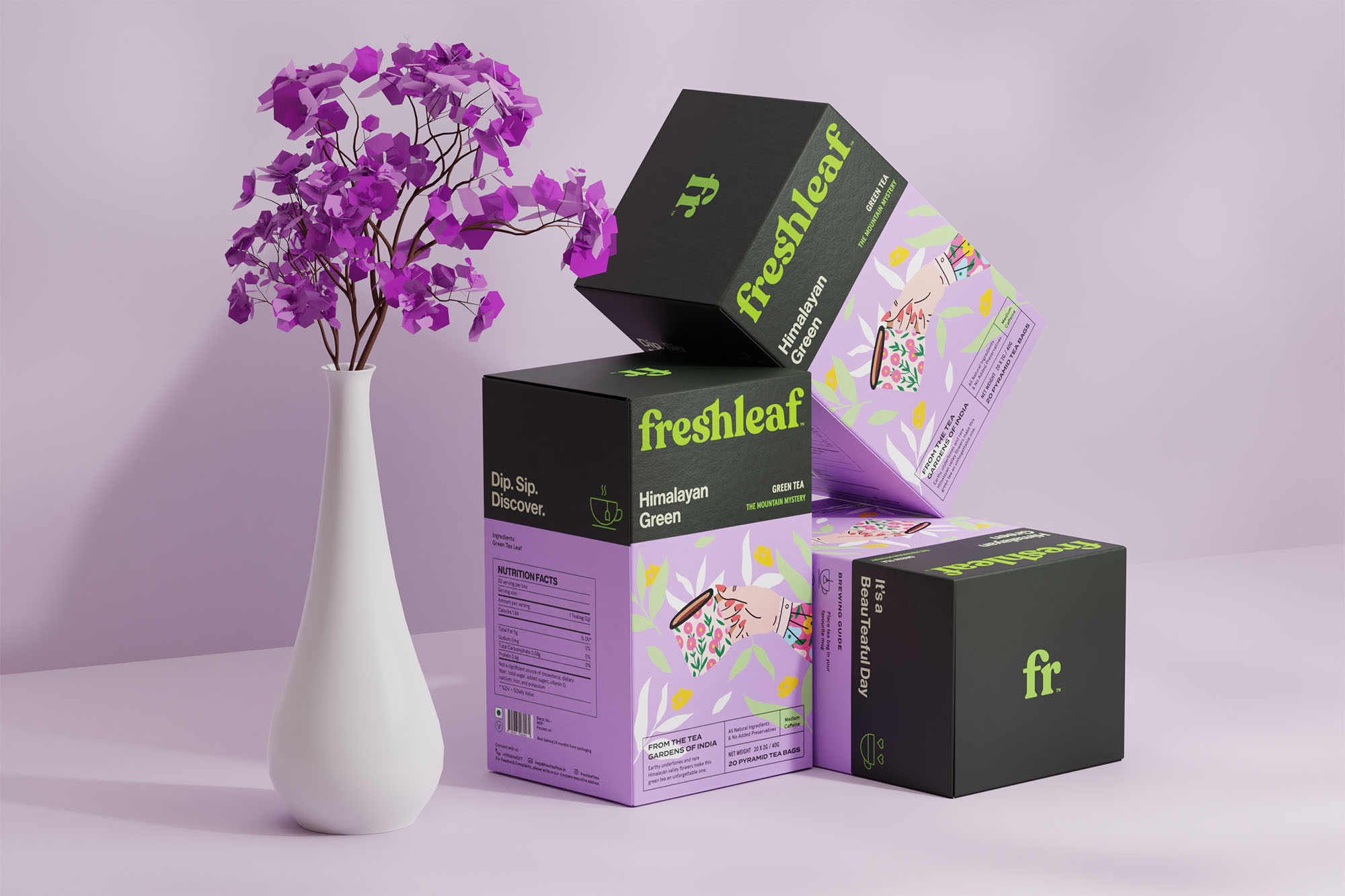 Freshleaf袋泡茶葉包裝設計，現代時尚矢量插畫風格