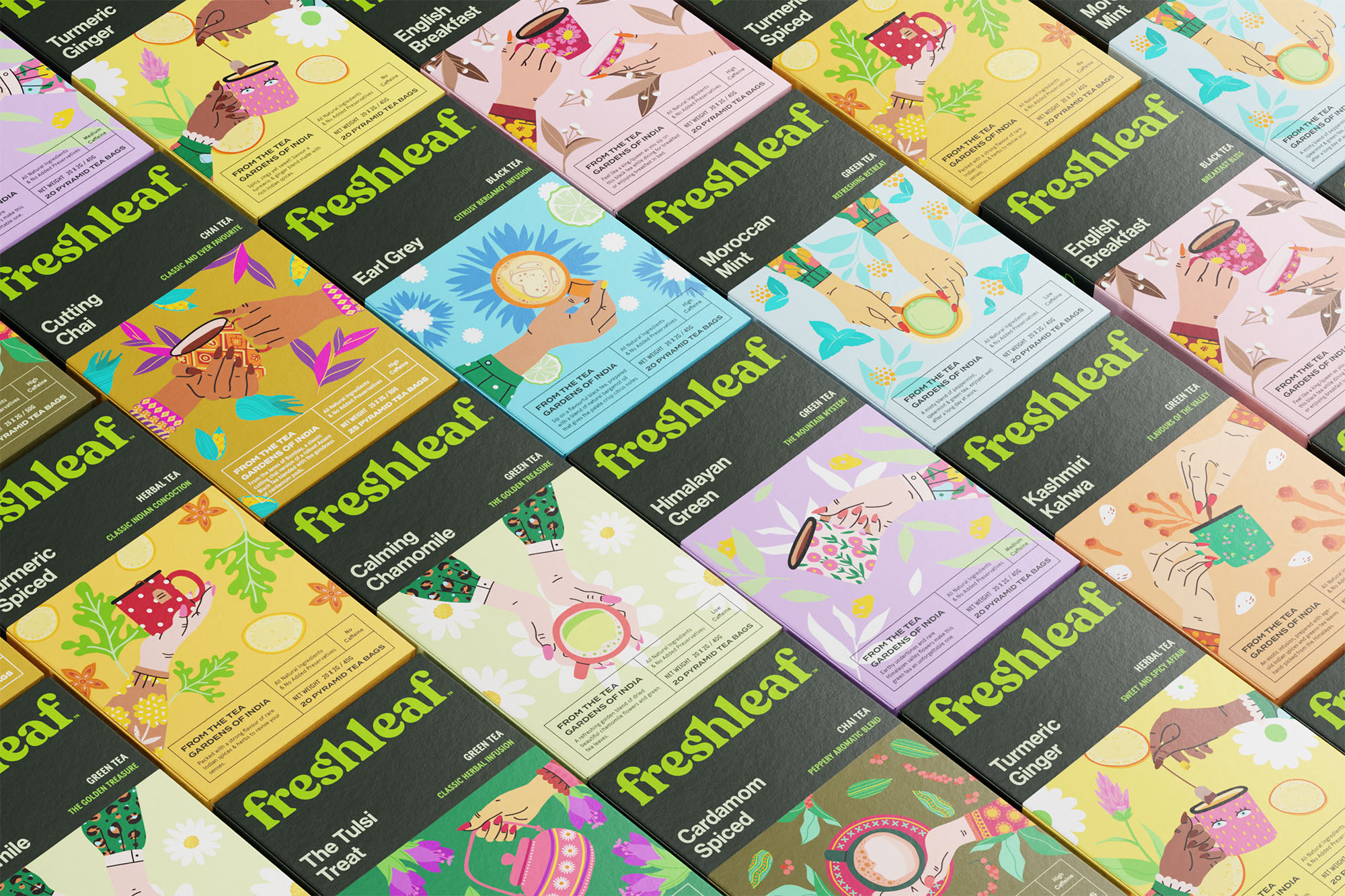 Freshleaf袋泡茶葉包裝設計，現代時尚扁平矢量插畫風格