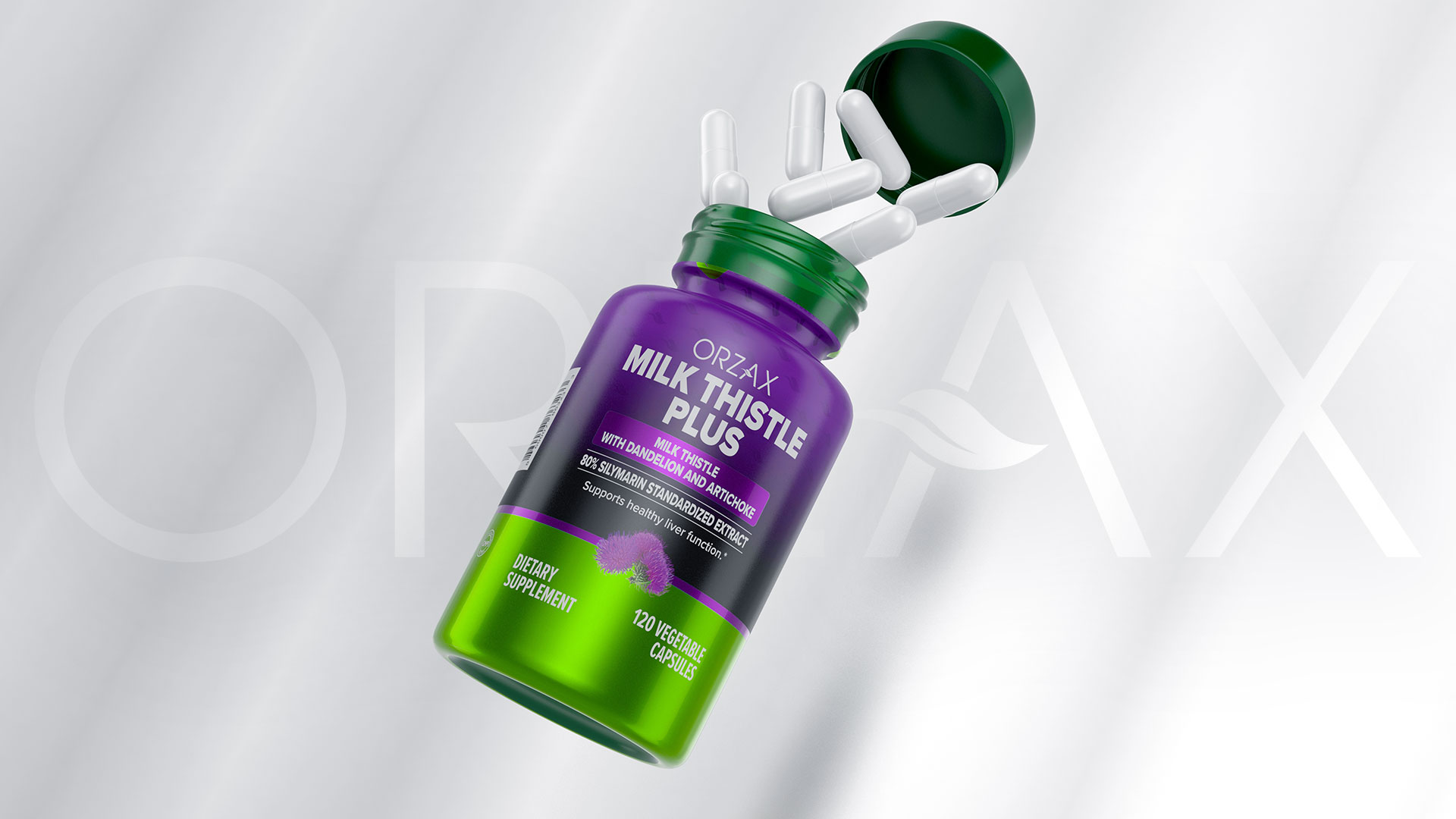 Orzax品牌營養補充劑系列保健品包裝設計，綠色搭配變色，啞光+金屬色