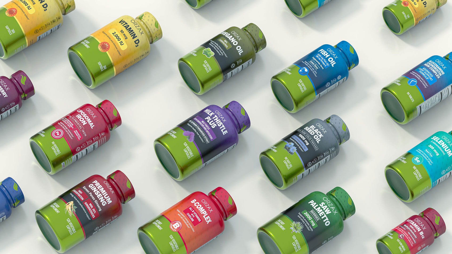 Orzax品牌營養補充劑系列保健品包裝設計，綠色搭配變色，啞光+金屬色