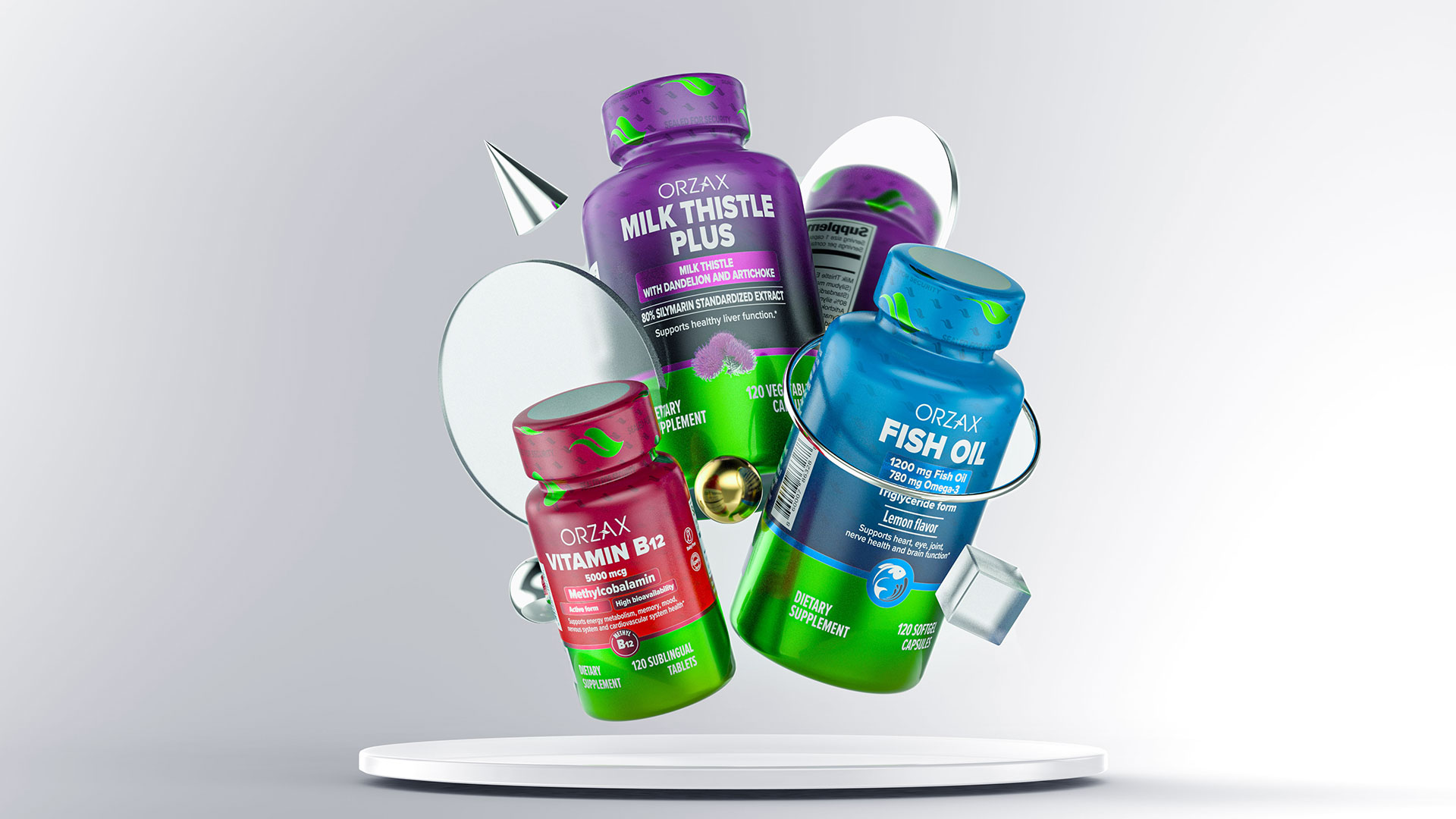 Orzax品牌營養補充劑系列保健品包裝設計，綠色搭配變色，啞光+金屬色