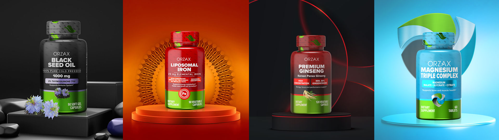 Orzax品牌營養補充劑系列保健品包裝設計，綠色搭配變色，啞光+金屬色