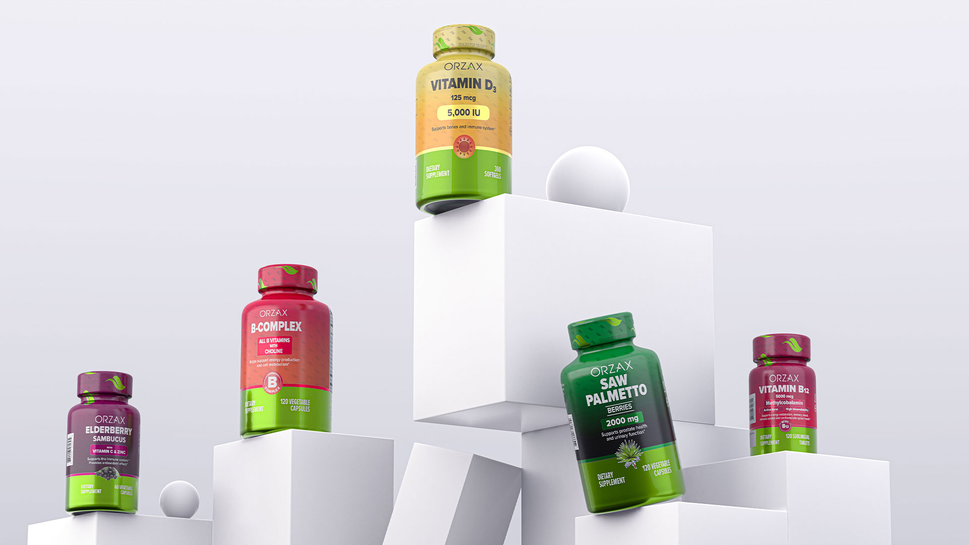 Orzax品牌營養補充劑系列保健品包裝設計，綠色搭配變色，啞光+金屬色