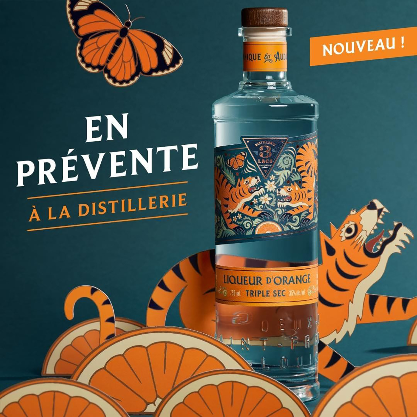 DISTILLERIE 橙利口酒包裝設計，老虎蝴蝶蝴蝶插圖設計