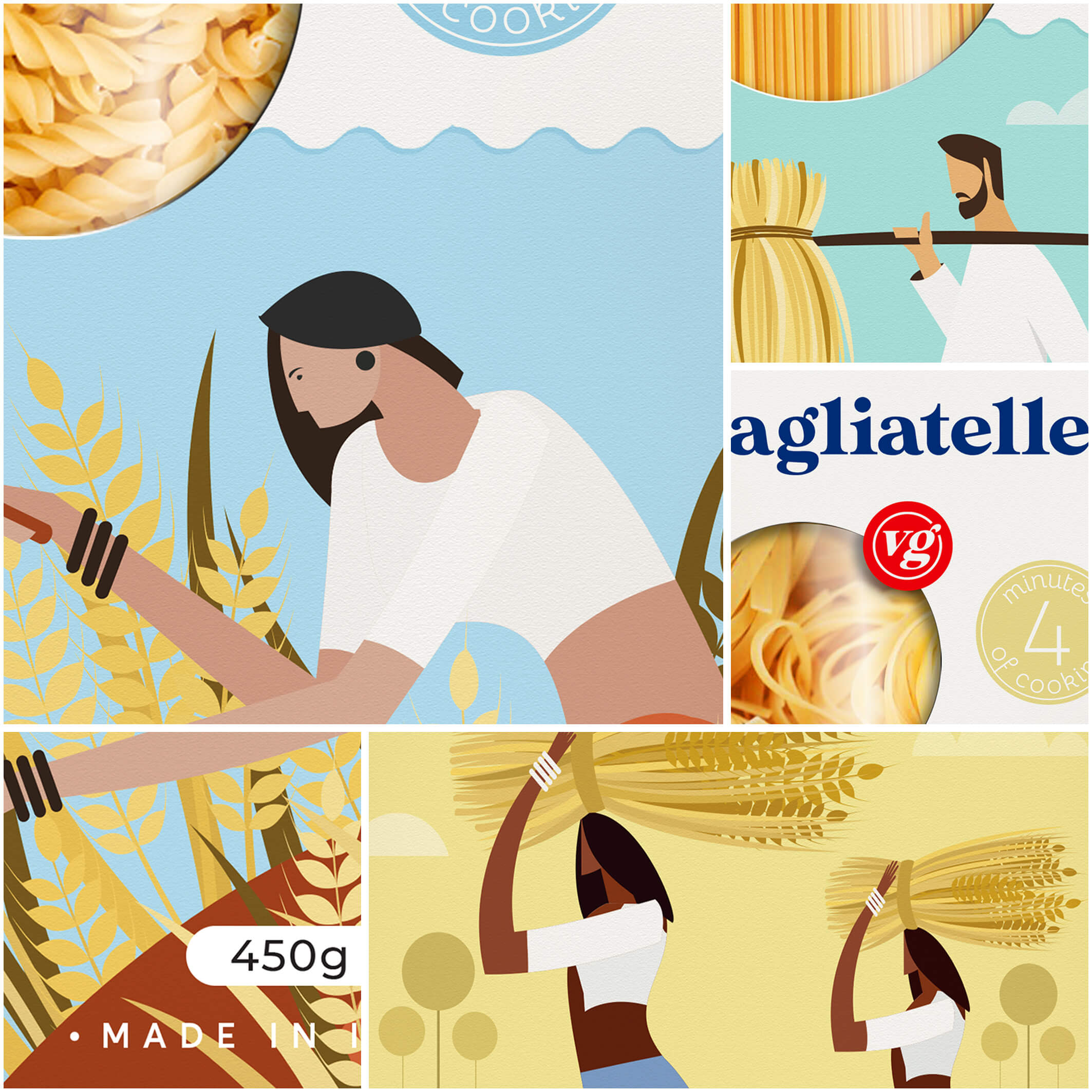 VG PASTA（意大利面）面條面皮面食包裝設(shè)計(jì)，農(nóng)民耕種插畫