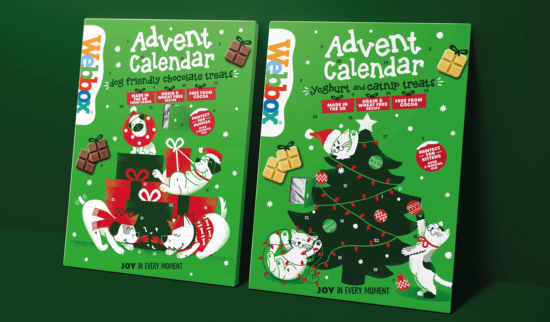Webbox寵物食品用品貓糧狗糧圣誕節節日包裝設計，調皮搗蛋寵物插圖