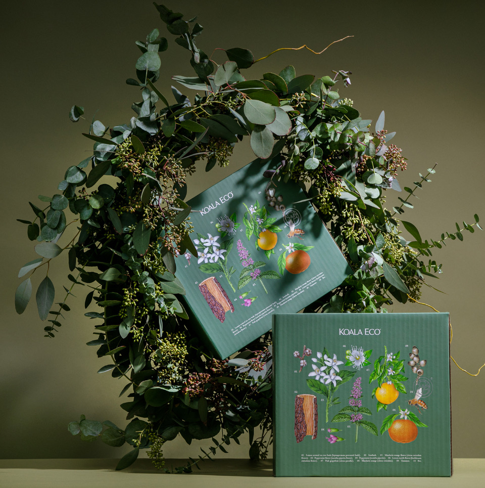 koala 植物精油綠色禮盒包裝設計，自然精致的植物花卉昆蟲插畫