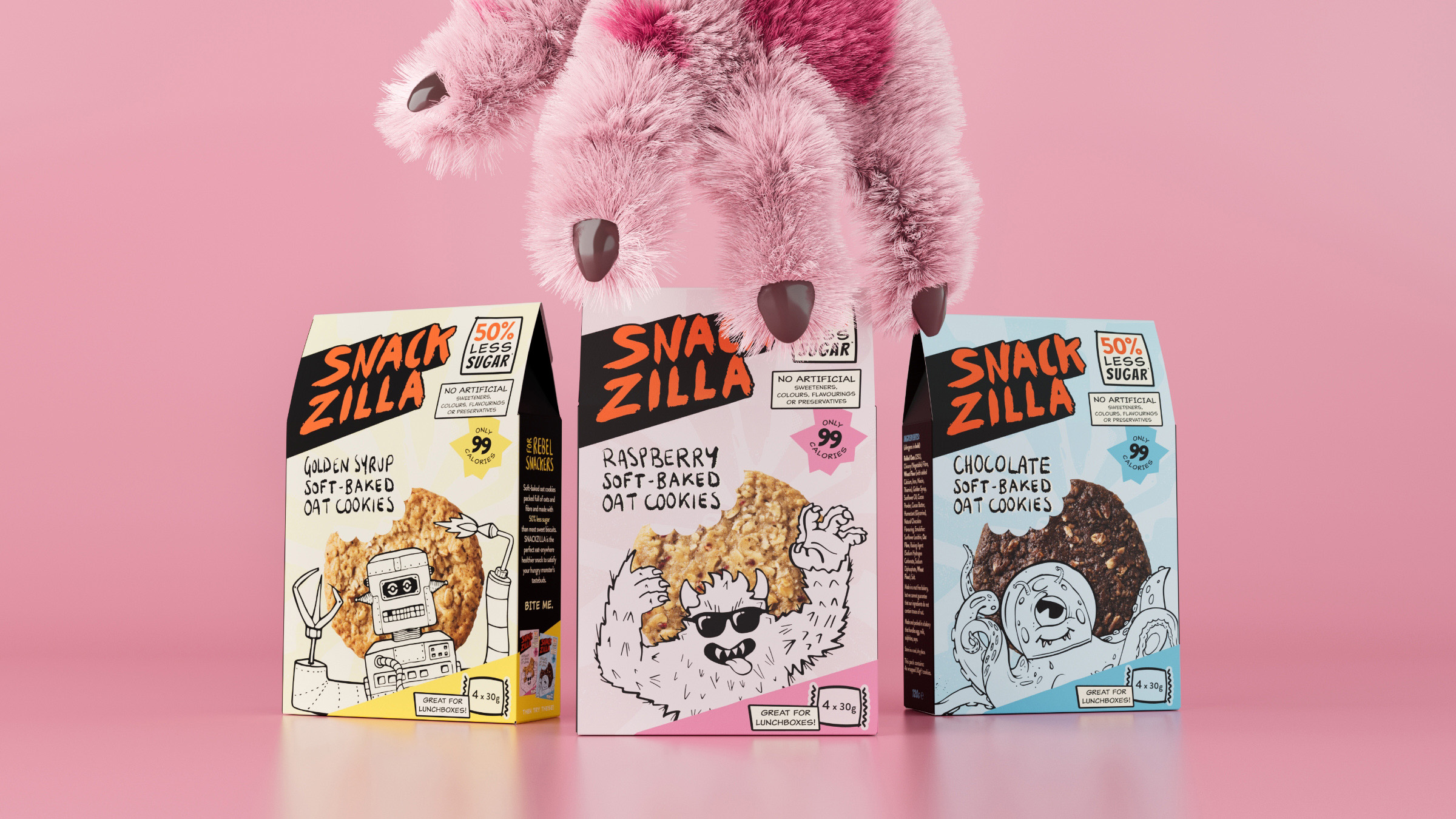 Snackzilla 燕麥餅干兒童低糖零食包裝設(shè)計(jì)，夸張的動(dòng)物線條插畫(huà)