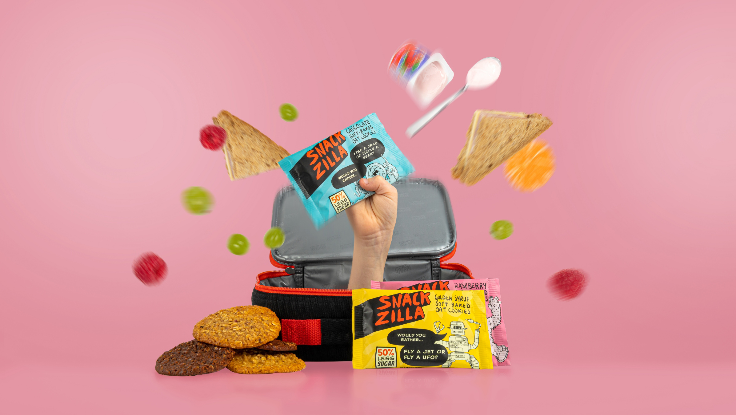 Snackzilla 燕麥餅干兒童低糖零食包裝設(shè)計(jì)，夸張的動(dòng)物線條插畫(huà)