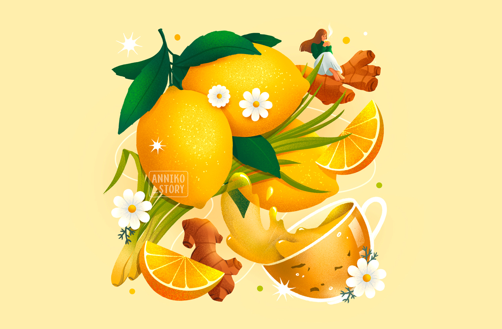 Sommerse有機水果茶花茶混合茶包裝設計，充滿食欲的立體感插畫