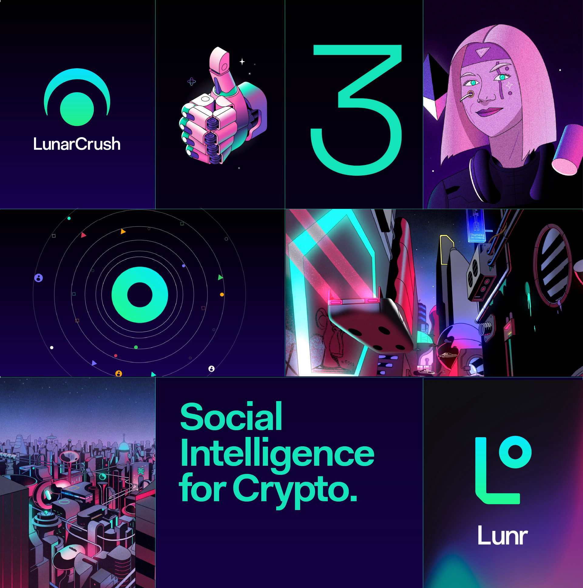 LunarCrush比特幣數(shù)字貨幣數(shù)據(jù)分析平臺新標志vi設計，強烈iT科技風格