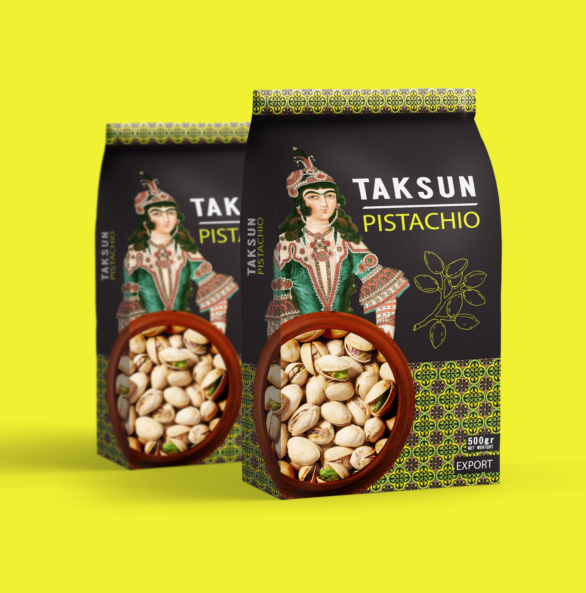 達順開心果堅果包裝設計“伊朗女孩插畫+拼接底紋”