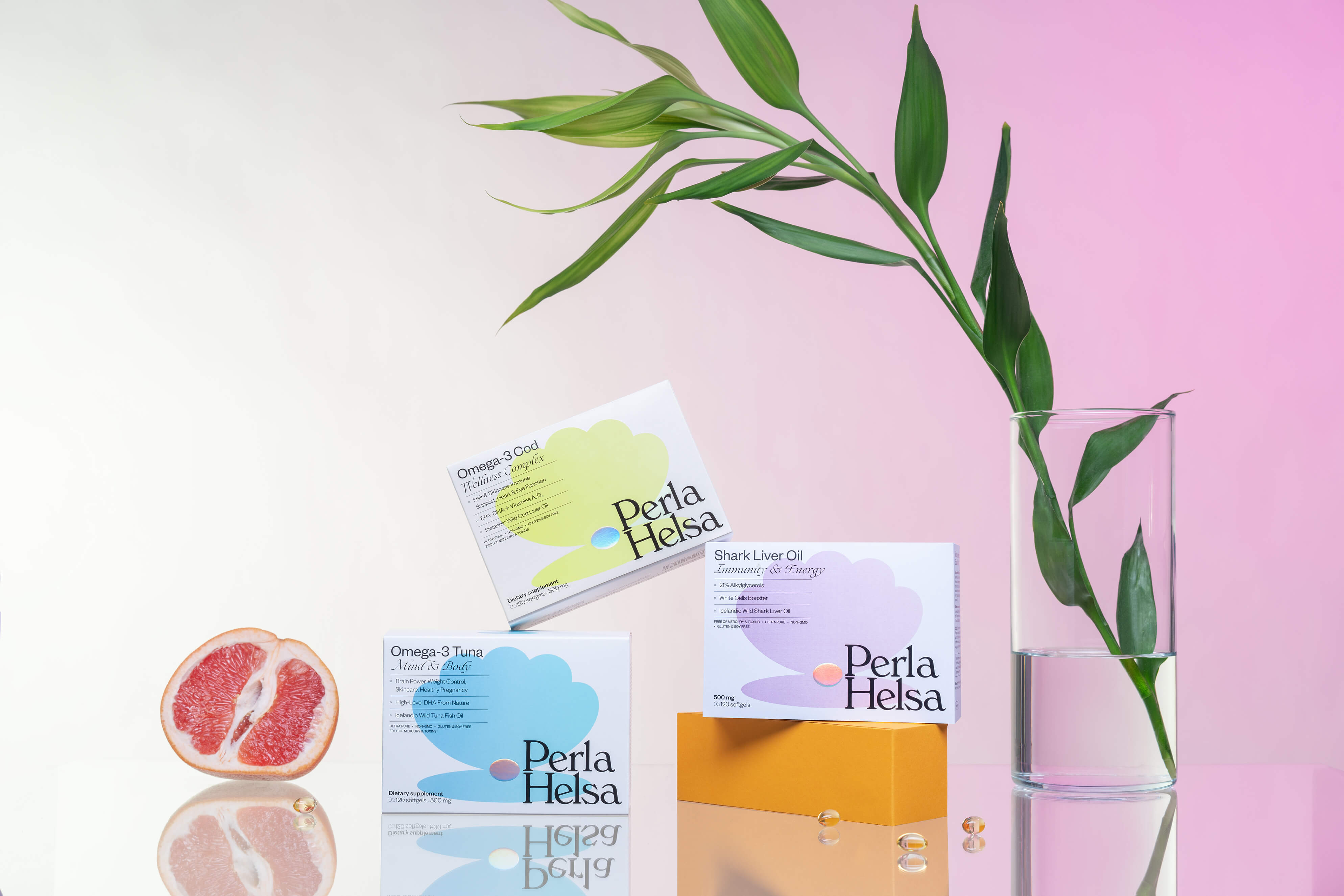 Perla Hesla膳食營養補充劑保健品包裝設計，貝殼珍珠元素+優雅漸變設計