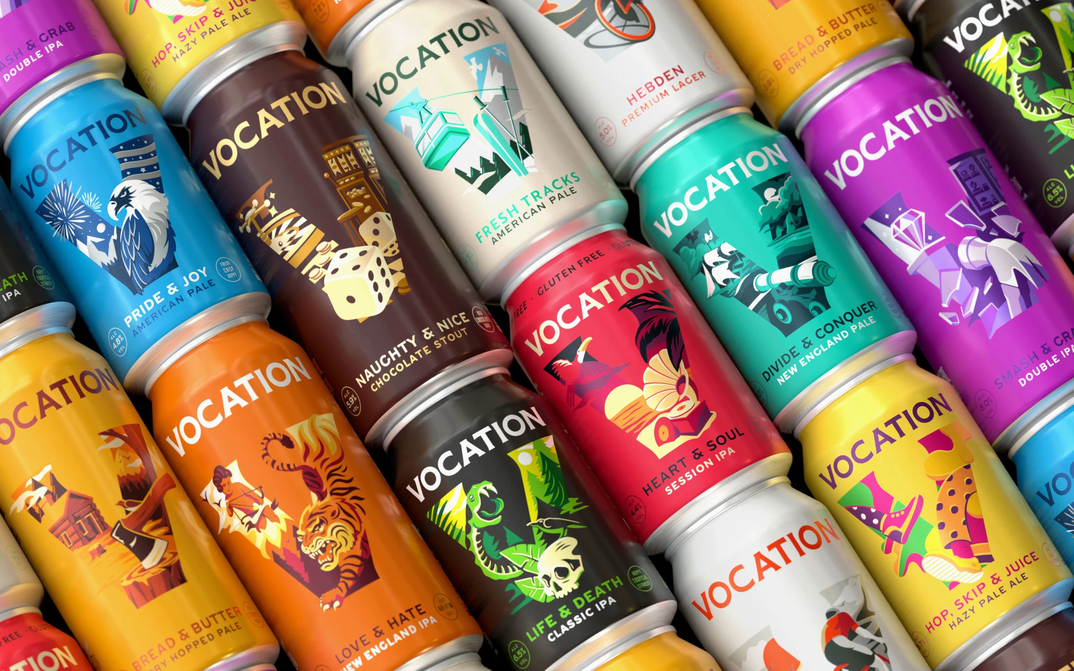 Vocation 手工啤酒包裝設計，V字母插畫品牌識別手法