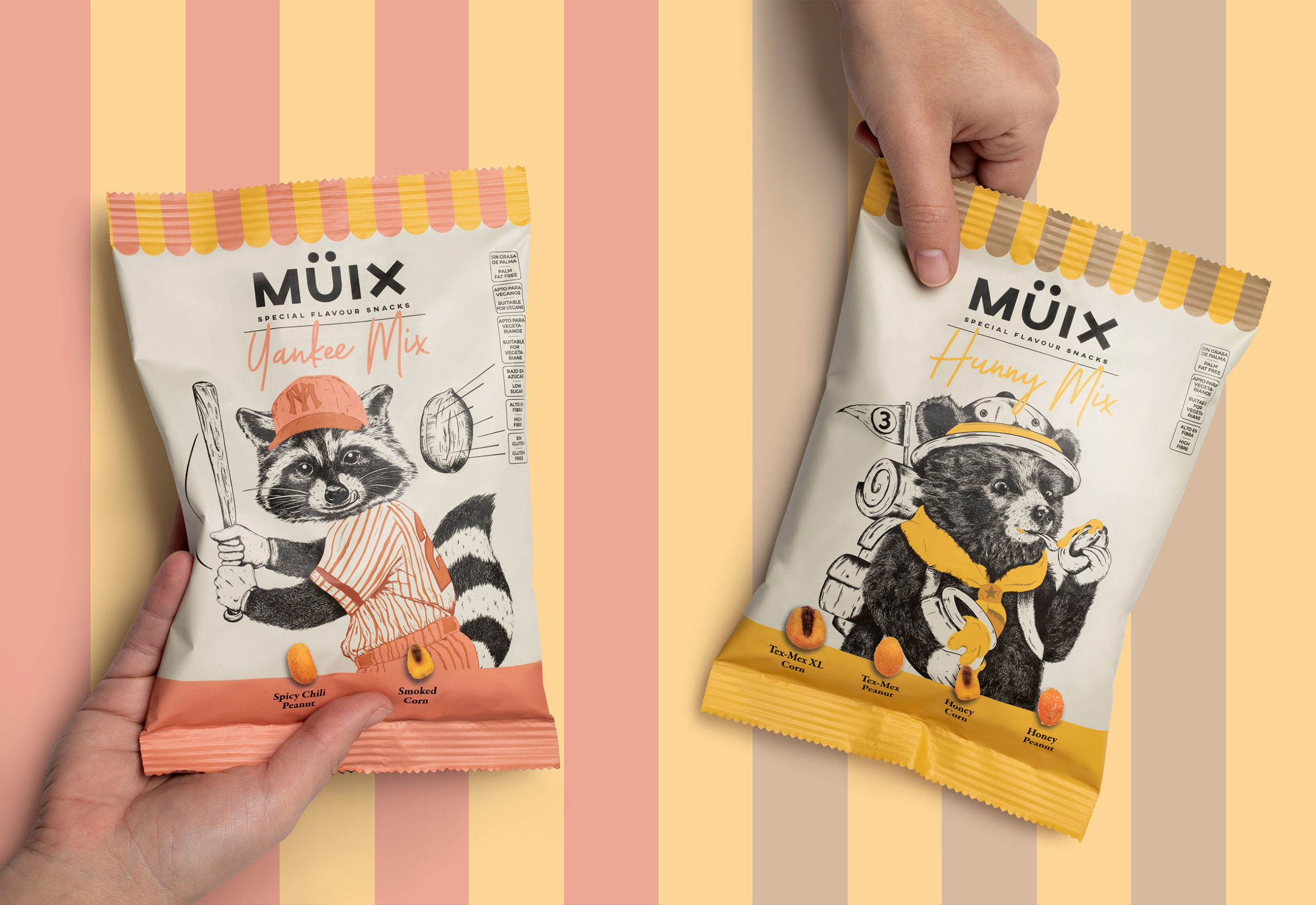 Müix混合口味堅果食品包裝設計“動物擬人”插畫