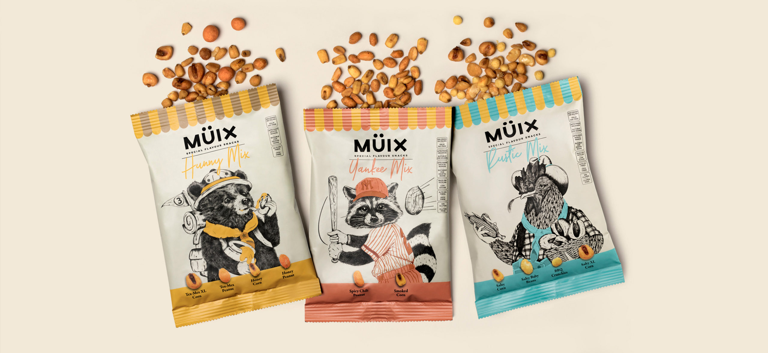 Müix混合口味堅果食品包裝設計“動物擬人”插畫