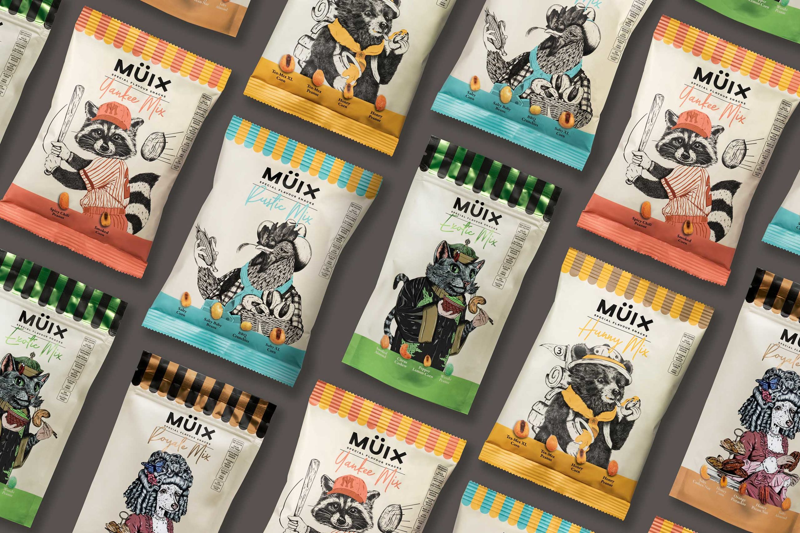 Müix混合口味堅果食品包裝設計“動物擬人”插畫